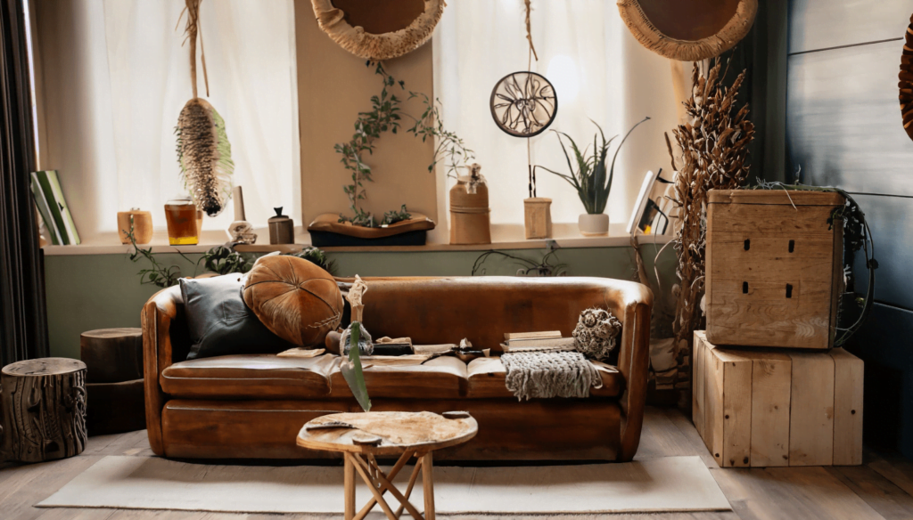 A Bohemian space that emphasizes sustainability featuring vintage and recycled items and decor made from natural materials