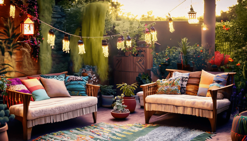 A boho oasis in a backyard featuring colorful outdoor rugs comfortable seating with plenty of throw pillows, and a mix of potted plants