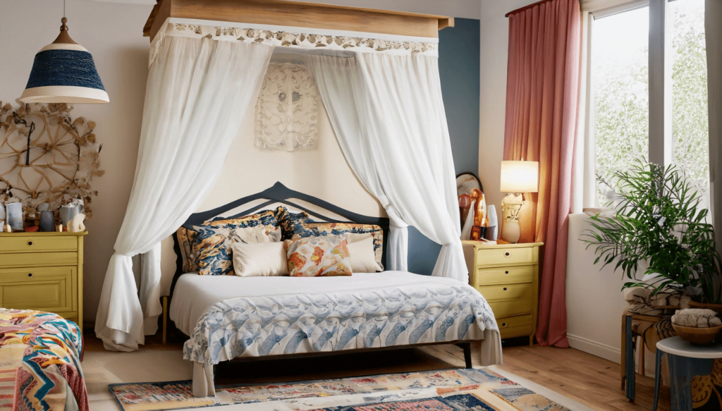 A serene bedroom with a canopy bed draped in gauzy textiles layered bedding in a mix of patterns and textures and a colorful rug underfoot