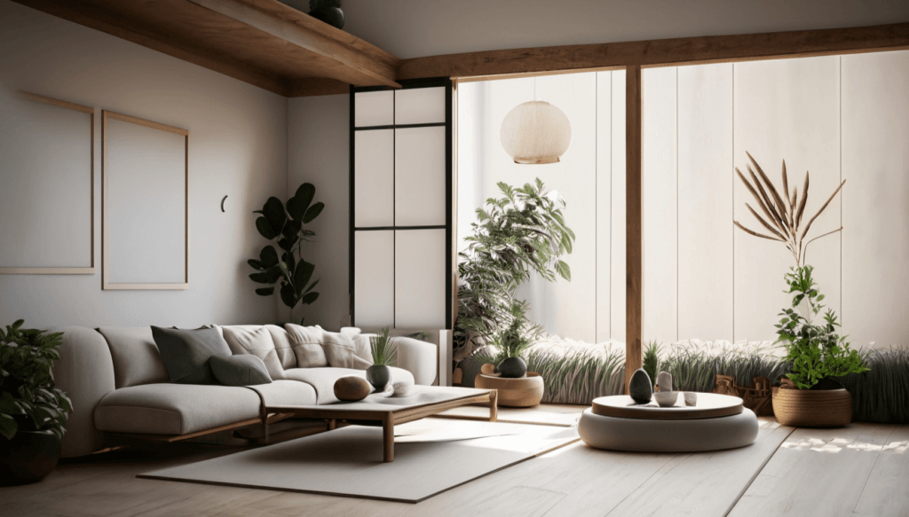A serene living room showcasing Japandi style
