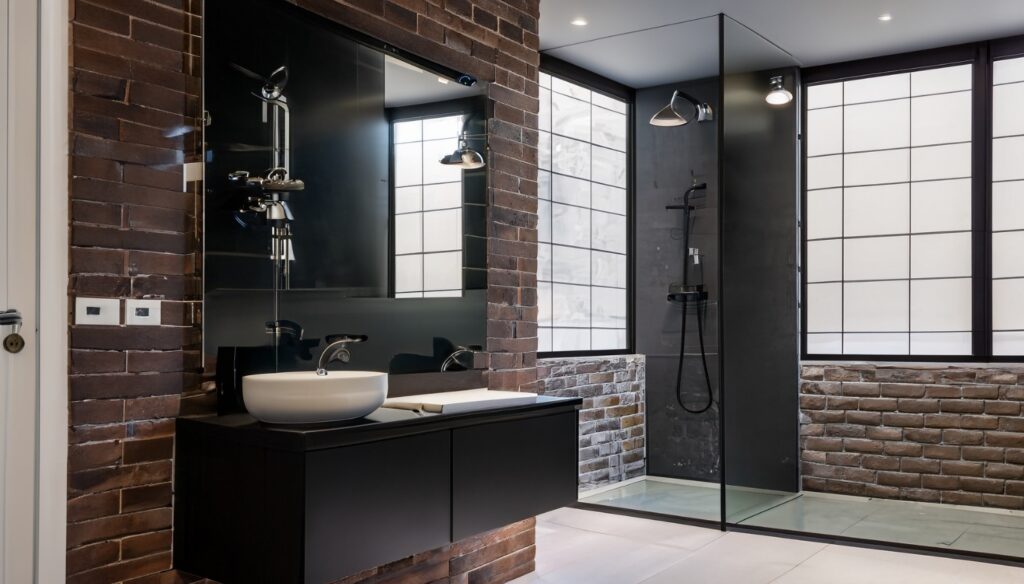 minimalist master bathroom with industrial accents