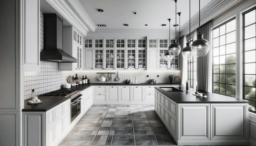 A spacious kitchen with achromatic design, featuring black countertops, white cabinets, and gray backsplash tiles, exemplifying timeless beauty