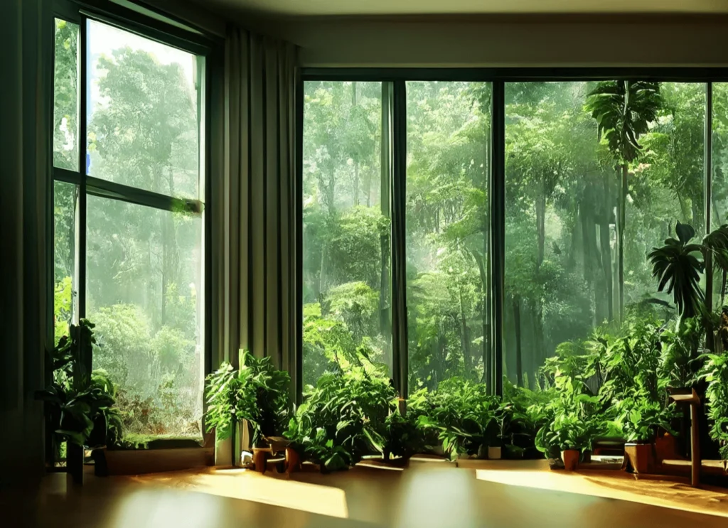 Biophilic design in a room with a view of a forest and indoor plants