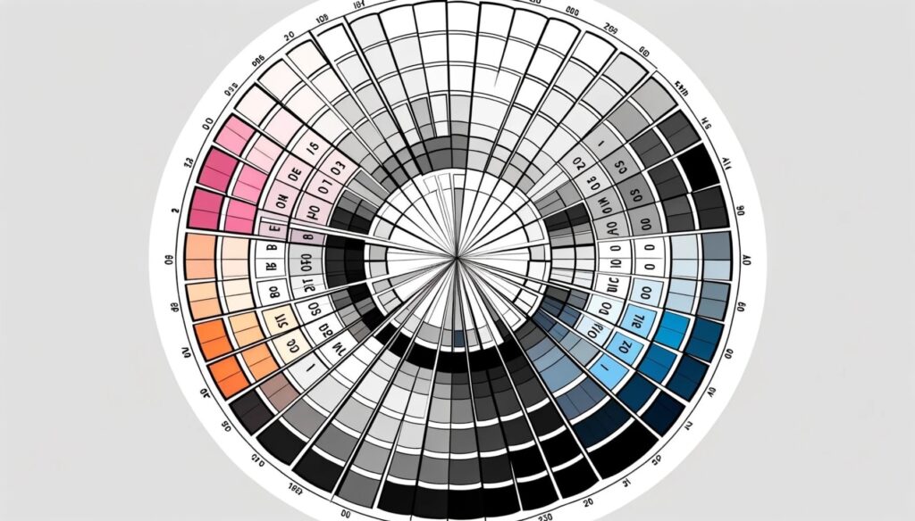 Illustration of a color wheel highlighting the achromatic colors - black, white, and various shades of gray, distinguishing them from other hues