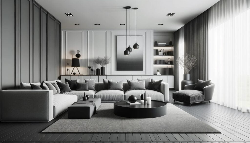 Lounge room with a achromatic color scheme of grey and black blending together