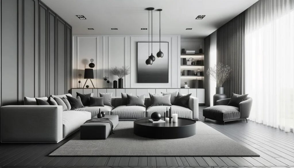 Lounge room with a achromatic color scheme of grey and black blending together