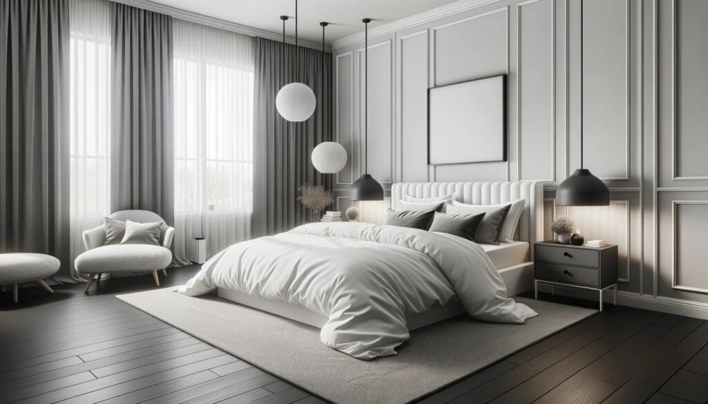 Photo of a chic, minimalist bedroom using the achromatic color scheme, with white bedding, black nightstands, and gray accents creating a harmonious space