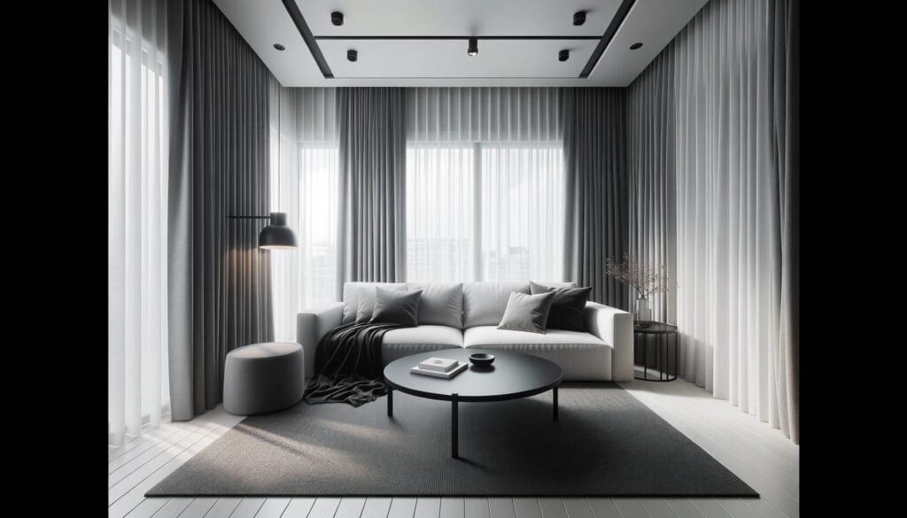 Photo of a simple living area with the achromatic theme, featuring a gray sofa, white curtains, black coffee table, and uncluttered ceiling