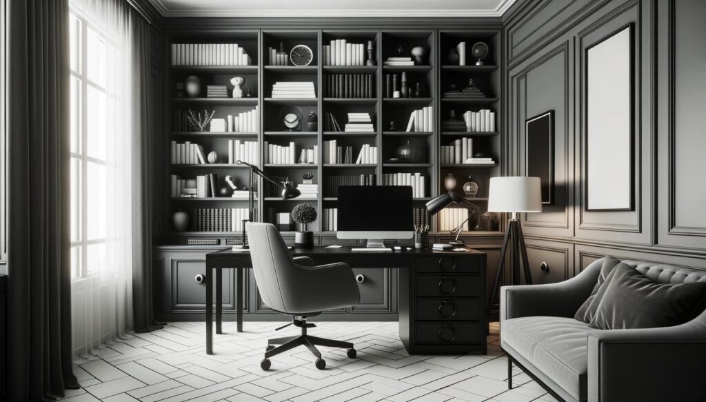 Photo of a sophisticated home office space using the achromatic color scheme, with a black desk, gray chair, and white bookshelves