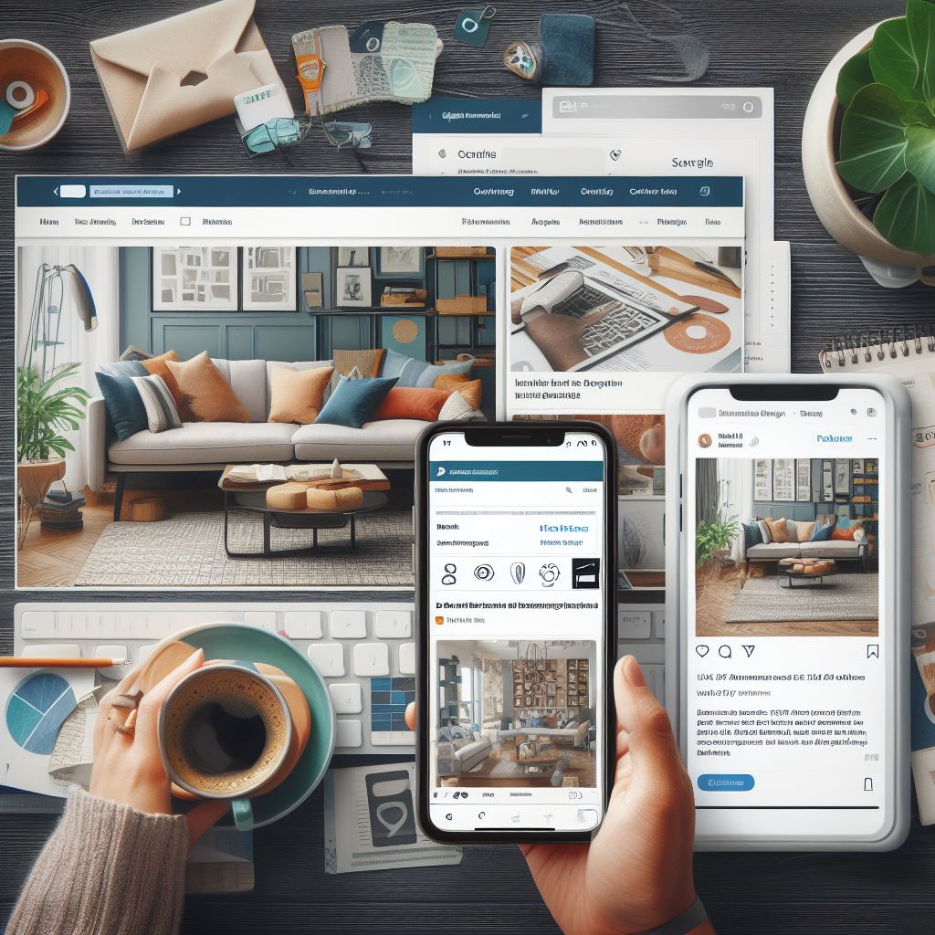 Collage of digital marketing tools for interior designers, including email campaigns, social media posts, and online webinars