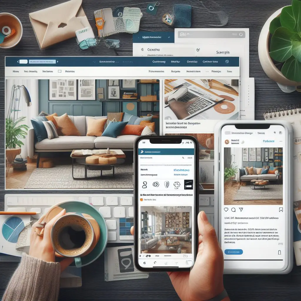 Effective Strategies for Interior Design Marketing in 2024 4 Collage of digital marketing tools for interior designers, including email campaigns, social media posts, and online webinars