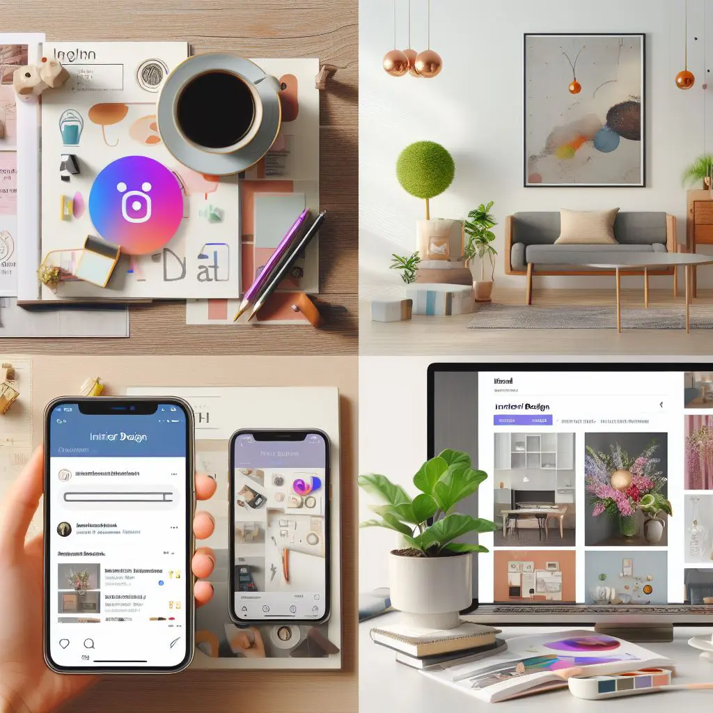 Effective Strategies for Interior Design Marketing in 2024 6 Interior designer's desk with a computer showing digital marketing analytics, color palettes, and design inspirations