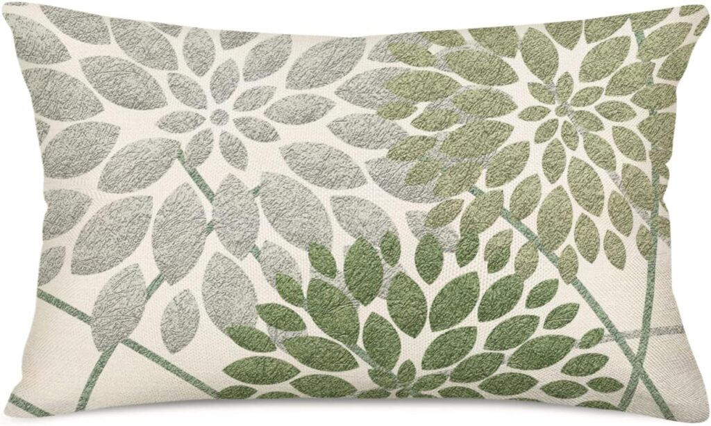 Asamour Sage Green Decorative Dahlia Boho Lumbar Pillow Covers 12x20 Inch, Geometric Floral Elegant Gray Green White Decor Rustic Farmhouse Throw Pillows Cushion Cases for Sofa Bed Decorations