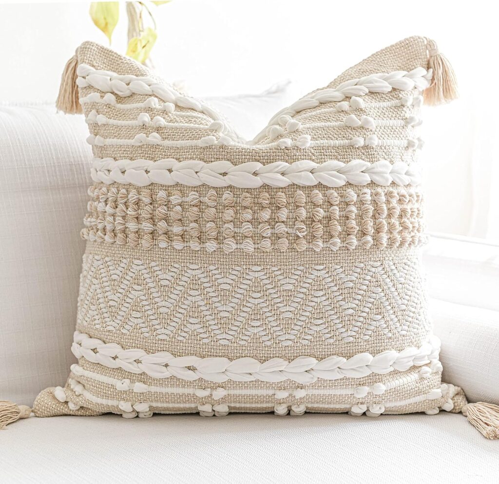 BlissBlush Boho Throw Pillow Cover 20X20, Decorative Accent Pillow for Couch, Square Woven Textured Pillowcase, Modern Boho Pillow for Bed, Bohemian Pillow