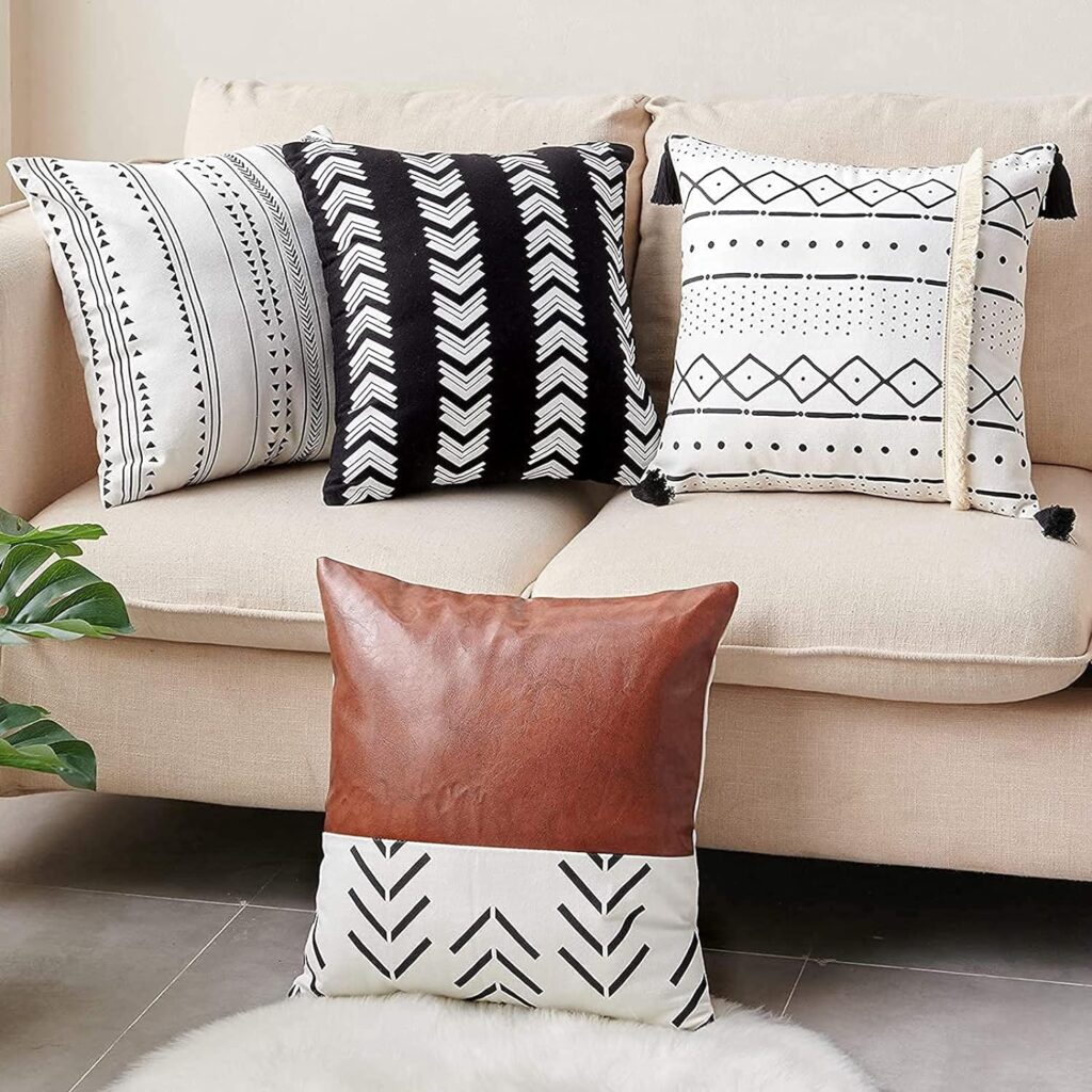 CDWERD Boho Throw Pillow Covers 18x18 Inch Set of 4 Boho Modern Farmhouse Neutral Decorative Pillowcases Faux Leather and Linen Cushion Case for Couch, Bed, Home Decor