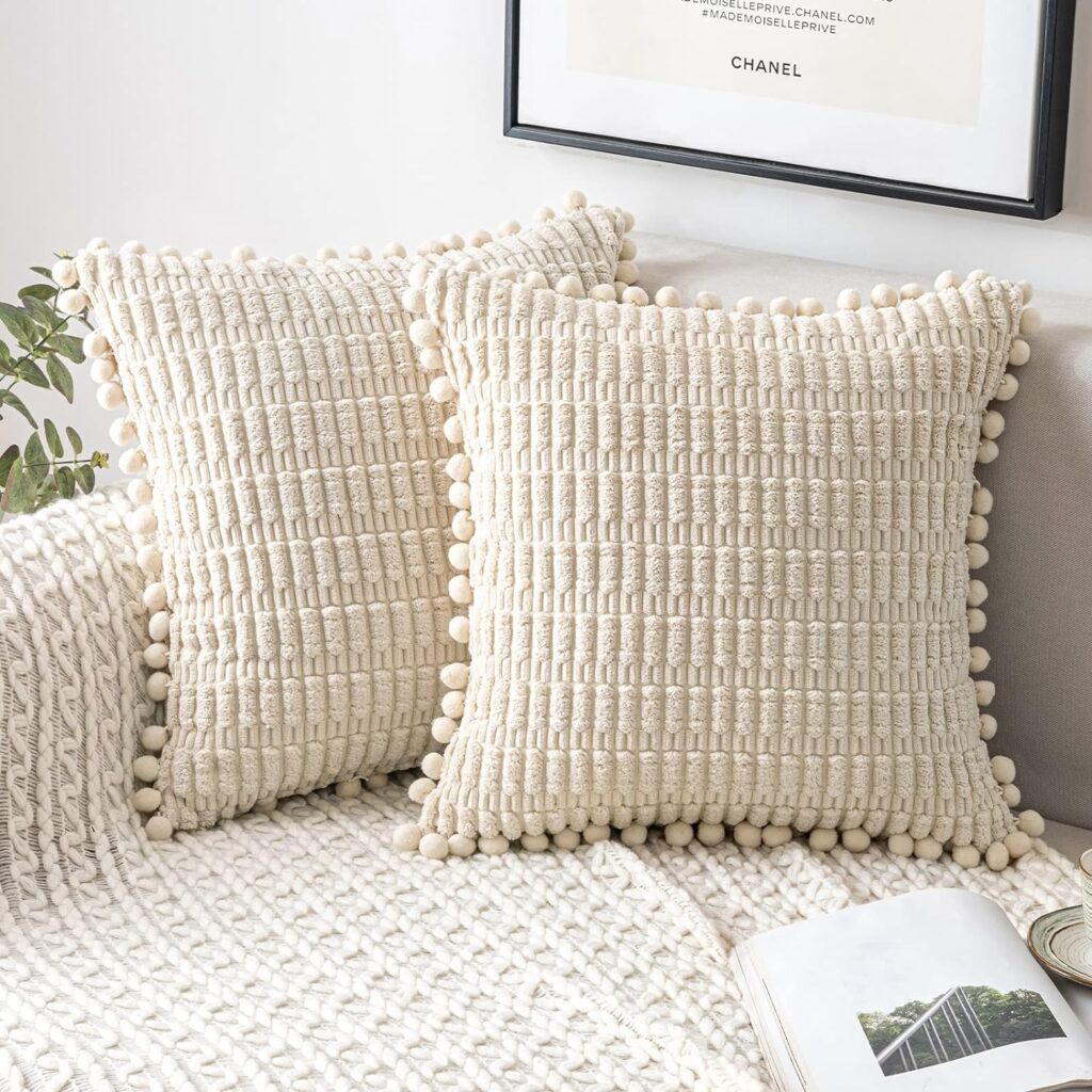 MIULEE Boho Cream White Corduroy Decorative Throw Pillow Covers Pack of 2 Pom-pom Soft Striped Pillow Covers Modern Farmhouse Home Decor for Christmas Sofa Living Room Couch Bed 18x18 Inch