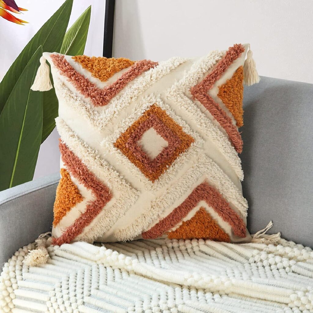 Merrycolor Boho Throw Pillow Covers 18x18 with Tassels, Decorative Pillow Covers Woven Tufted Bohemian Pillow Covers for Couch Sofa Bedroom Living Room