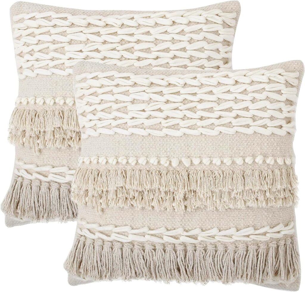 REDEARTH · Tufted Throw Pillow Cushion Covers - Boho Textured Woven Decorative Cases Set for Couch - Sofa - Bed - Farmhouse - Chair - Patio - Outdoor - car - 100% Cotton (18x18 ; Natural) Pack of 2