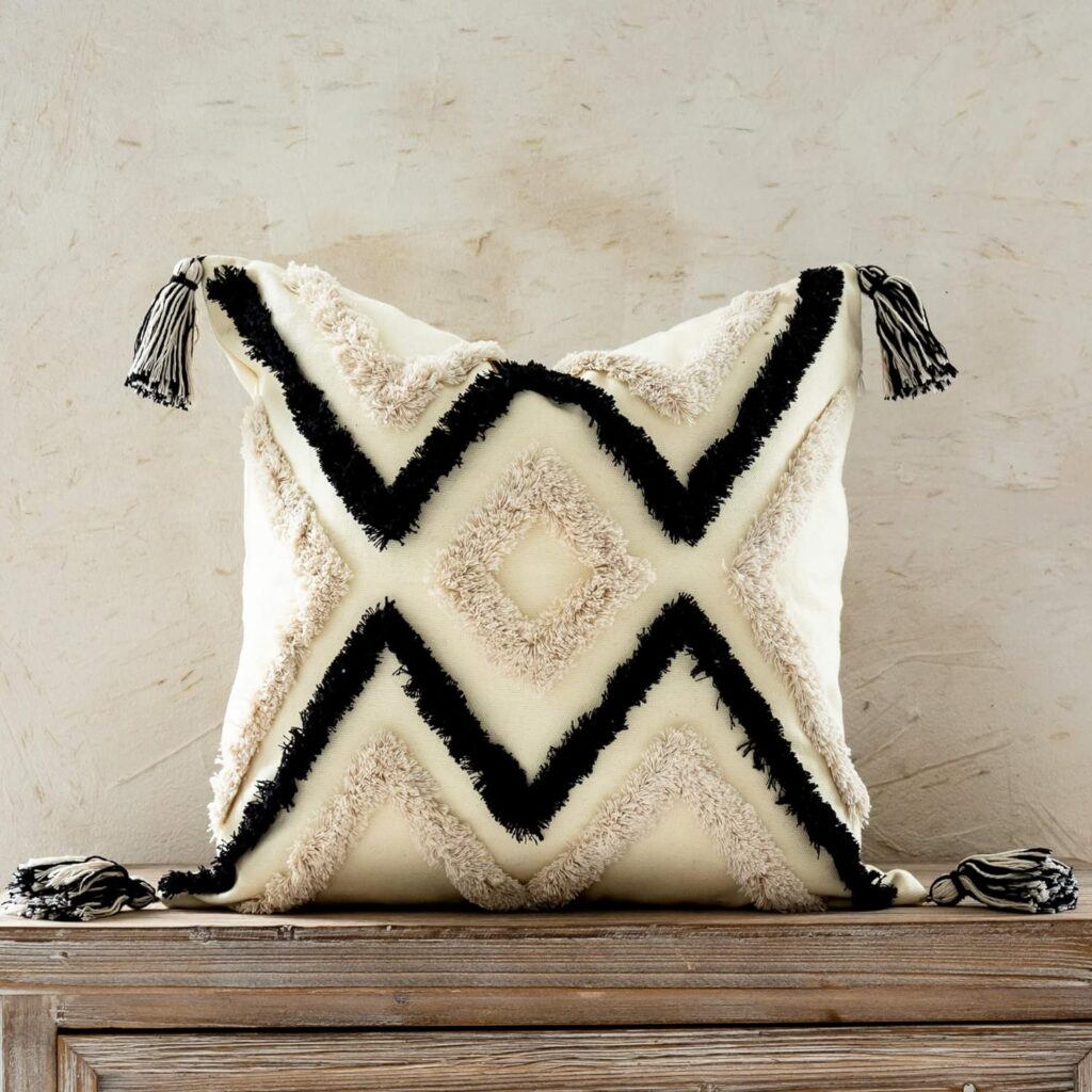 Woven Tufted Boho Throw Pillow Cover, Modern Decorative Geometric Chevron Striped Cushion with Tassels, Farmhouse Tribal Pillowcases for Couch Sofa Bedroom Living Room, 18 x 18 Inches, Black, Ivory