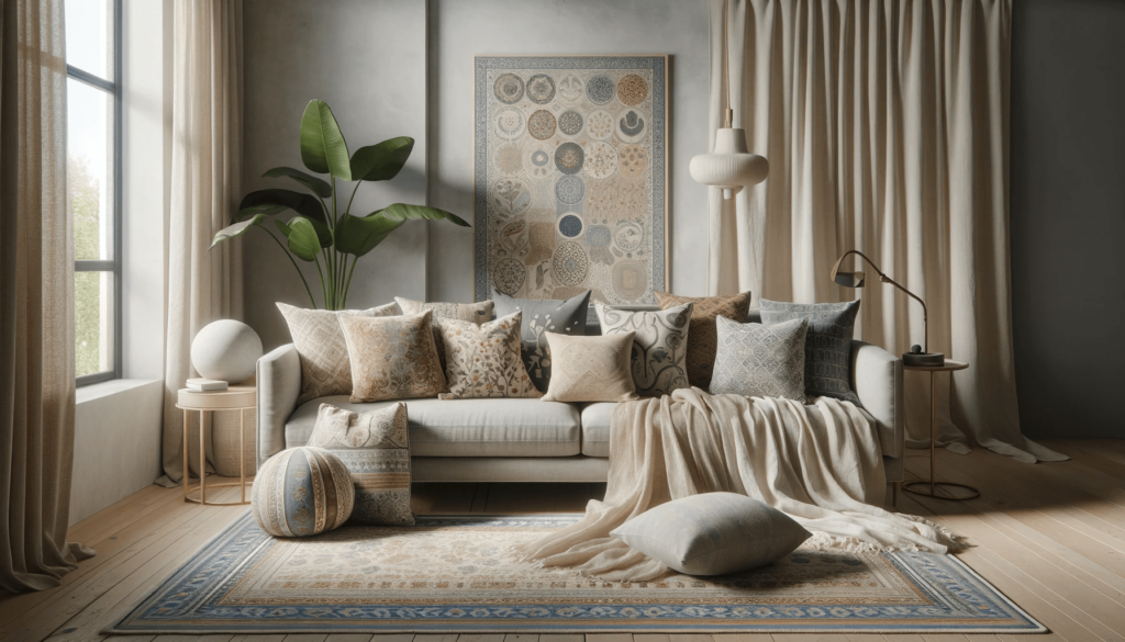 bohemian inspired living room pair a floral patterned curtain with a geometric patterned throw pillow. 