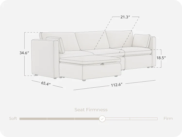Dimensions:
Overall Size: 112.6"W x 65.4"D x 34.6''H
Seat Size: 102"W x 21.3"D x 18.5''H
Box Dimension:
Arms Box: 33.5''W x 12.6''D x 28.7''H
Left Seat & Backrest Box 2: 34.6''W x 28.7''D x 16.9''H
Right Seat & Backrest Box: 34.6''W x 28.7''D x 16.9''H
Armless Chair Box 4: 34.6''W x 28.7''D x 16.9''H
Ottoman Box 5: 34.6''W x 33.9''D x 11.8''H
Note: Minimum door width: 18''