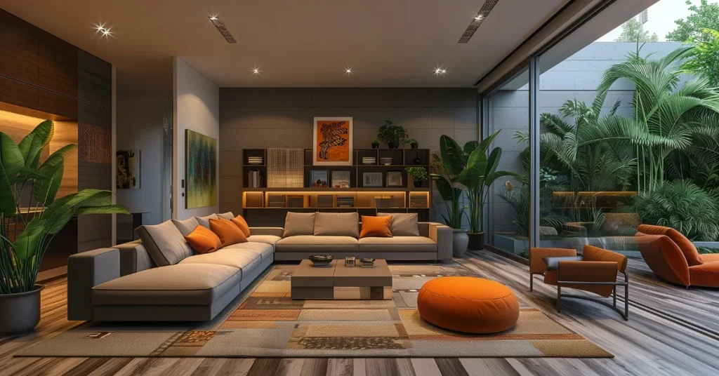 A modern designed room using Complementary Colors of orange and grey