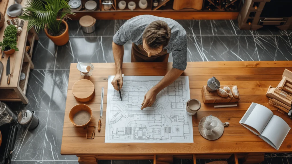 Interior designer creating a kitchen layout on paper