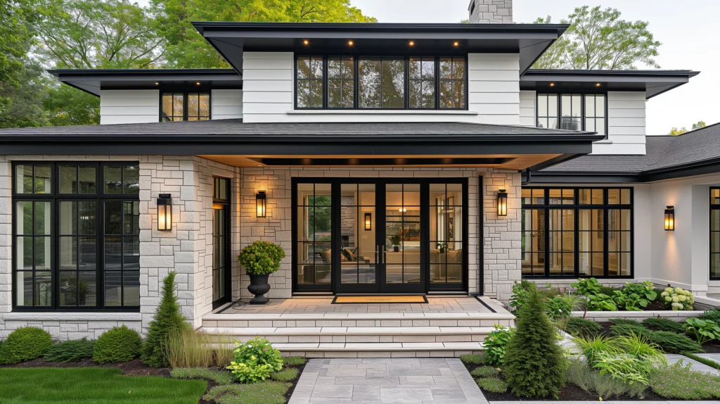 a typical suburban home neutral in its color palette black doors