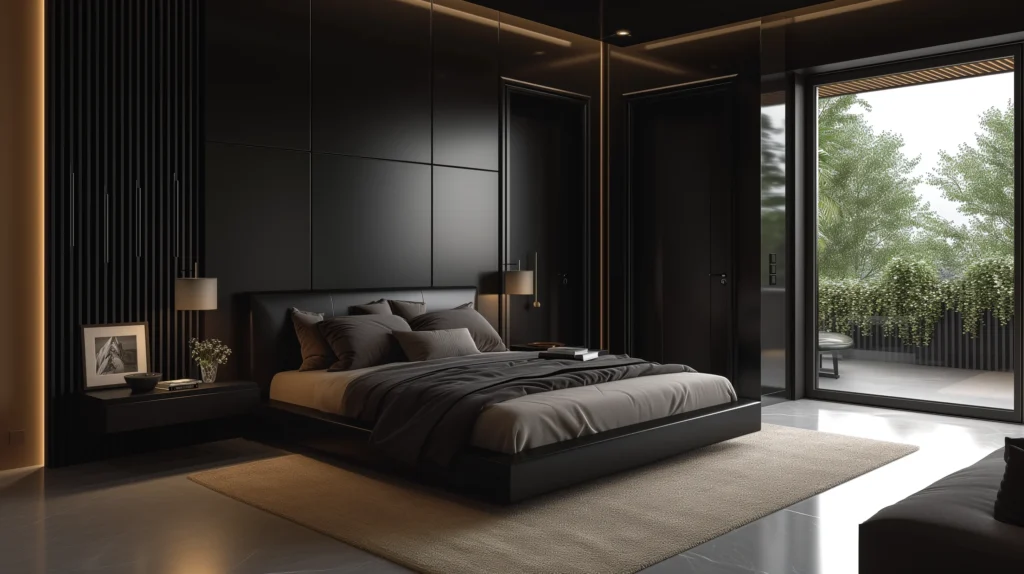 modern bedroom with a black interior glossy door