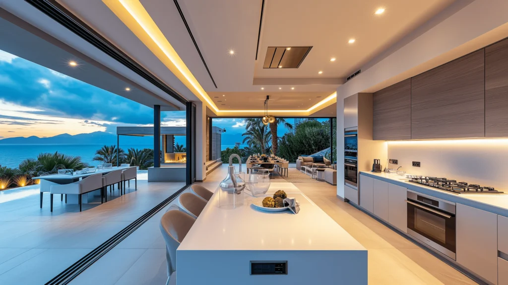 Smart Technology and Eco-Friendly Solutions modern kitchen spacious with amazing ocean views 