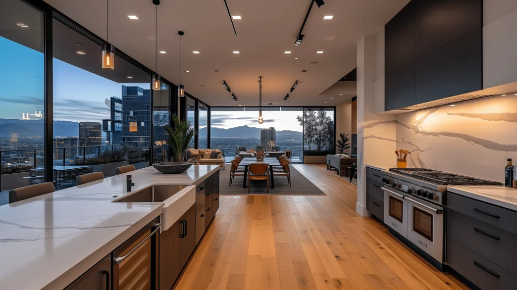 modern elegant kitchen with natural light and carefully chosen light fixtures 