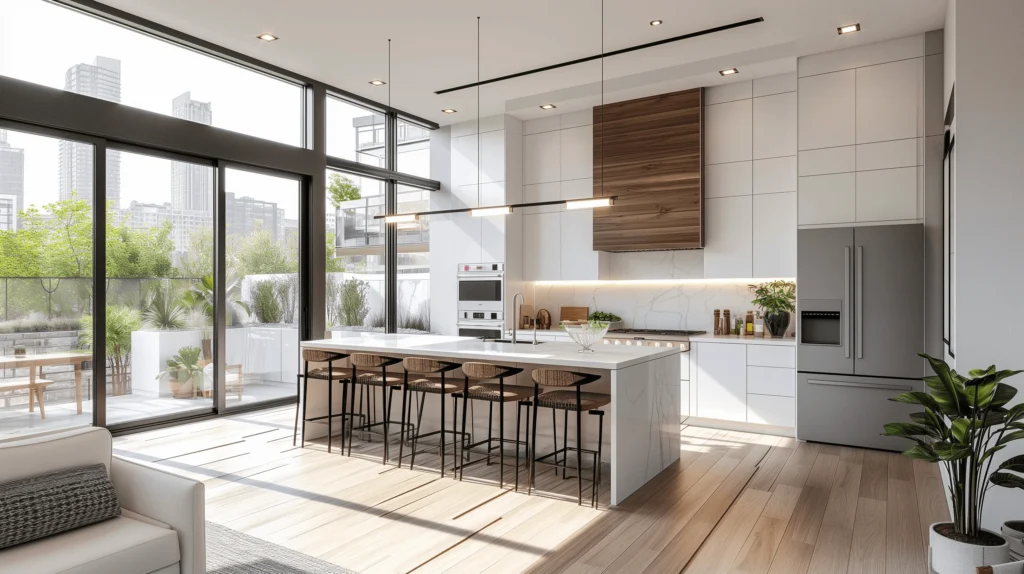 modern kitchen with natural light and carefully chosen light fixtures