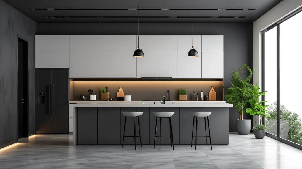 monochromatic theme kitchen with upper cabinets