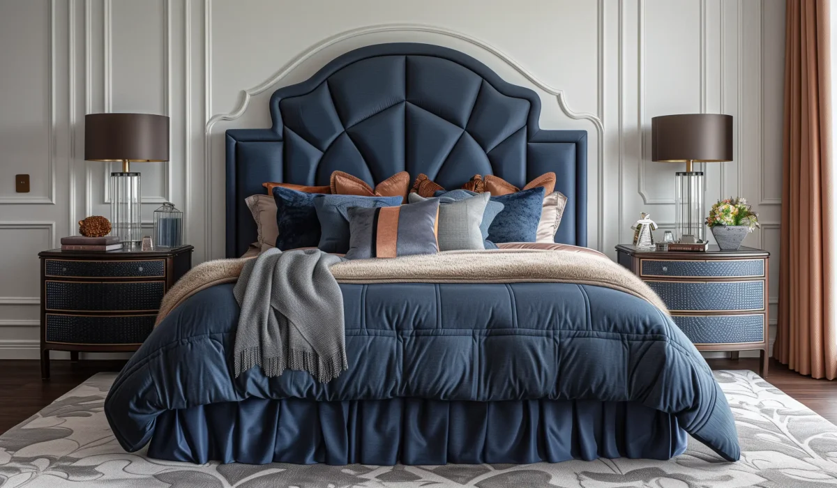 Art Deco Interior Design blue and gold bedroom, in the style of , detailed craftsmanship, dark orange and navy, contemporary faux naïf, soft