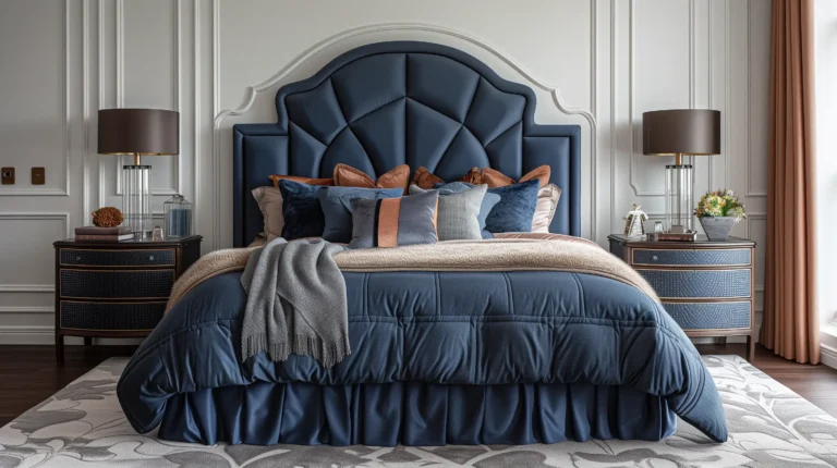 Art Deco Interior Design Style: Your Guide to Stunning Interior Design 5 Art Deco Interior Design blue and gold bedroom, in the style of , detailed craftsmanship, dark orange and navy, contemporary faux naïf, soft