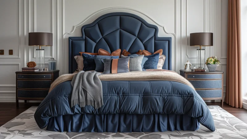Inside Decors: Find Top Interior Designers & Home Decor Ideas 61 Art Deco Interior Design blue and gold bedroom, in the style of , detailed craftsmanship, dark orange and navy, contemporary faux naïf, soft