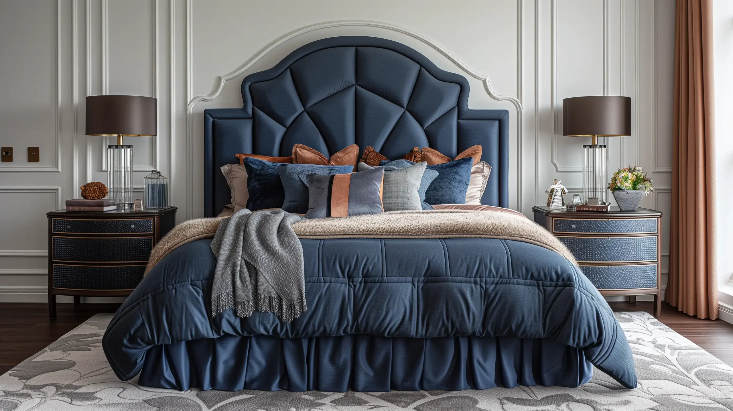 Art Deco Interior Design blue and gold bedroom, in the style of , detailed craftsmanship, dark orange and navy, contemporary faux naïf, soft