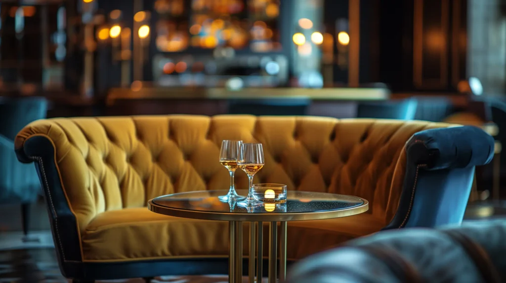 a seat is on a couch inside of a bar, in the style of light gold and amber, romantic atmosphere, danish golden age, dark cyan and amber, selective focus, mirrored, romantic