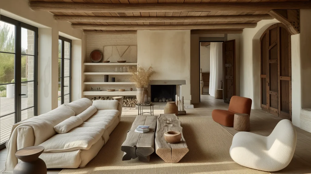 a living room with a rustic vibe
