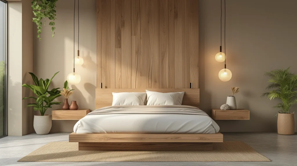 a modern bedroom with warm beige walls where a standout