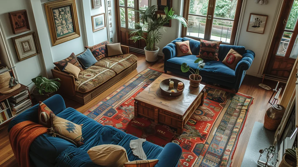 an above view of an open living room showing some couch and coffee table, in the style of traditional mexican style, dark crimson and azure, vintage academia, rug