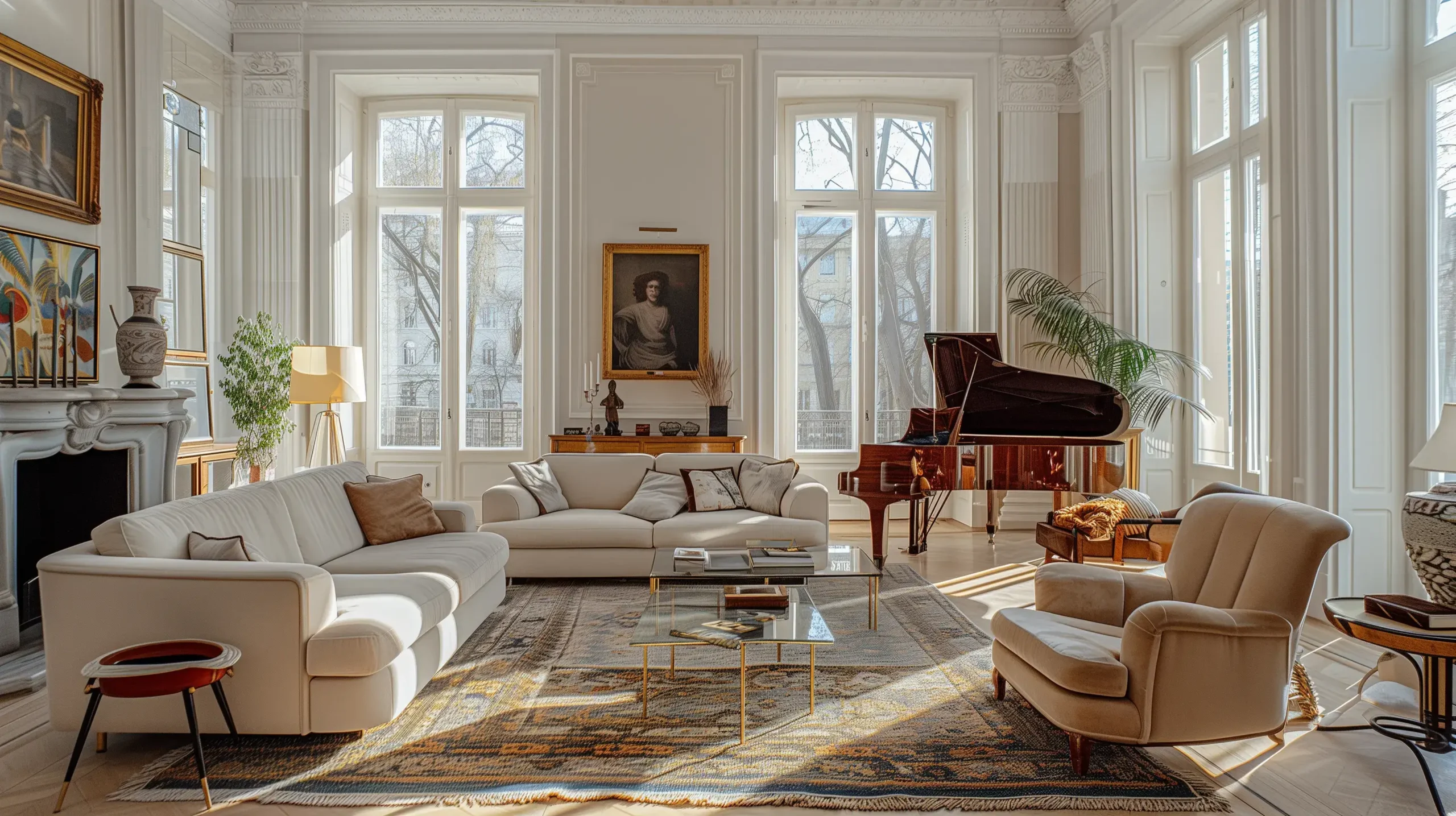 an old style home has a huge living room, in the style of classical compositions, golden light, classical portraits, jazzy interiors, white and gray, 19th century style, mid-century