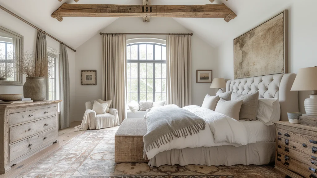 bedroom where exposed wooden beams add architectural in