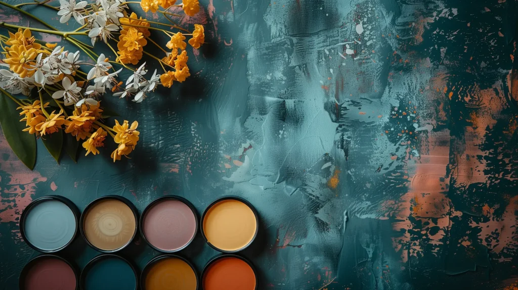 colorful paint and canvas, and dried flowers on a blue background, in the style of dark teal and light amber, monochrome palette