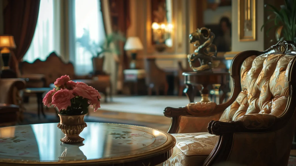 Art Deco Interior Design Style: Your Guide to Stunning Interior Design 9 gold chair inside with chair legs, in the style of tilt-shift photography, luxurious opulence, tokina opera 50mm f1.4 ff, captivating floral still lifes, candid atmosphere, hdr, serene atmosphere