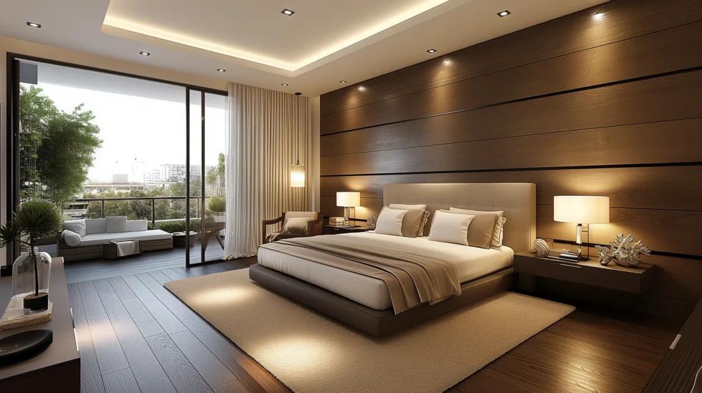 modern bedroom with Neutral colors with view