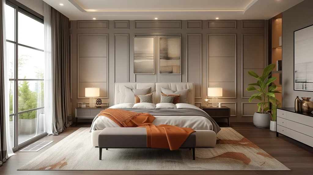 modern bedroom with Neutral colors and a pop of color 1