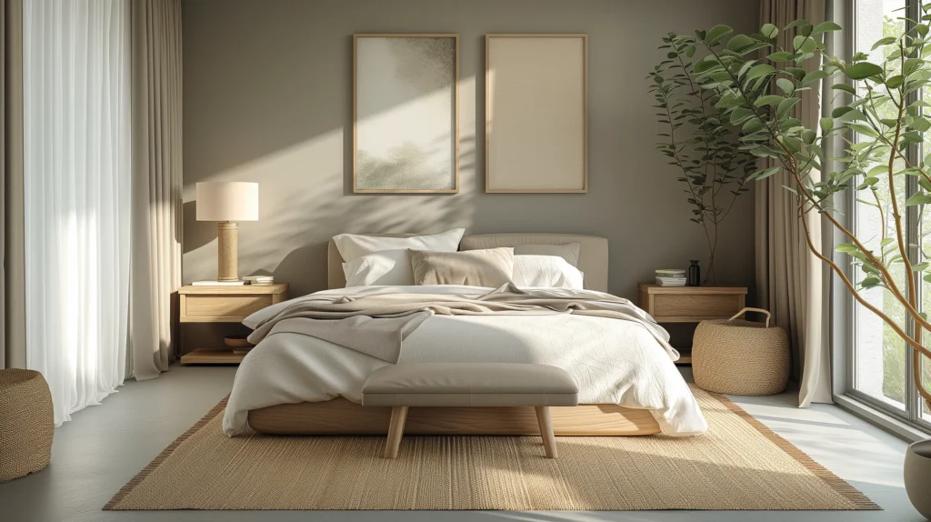 modern bedroom with Neutral colors and a pop of muted green color plants