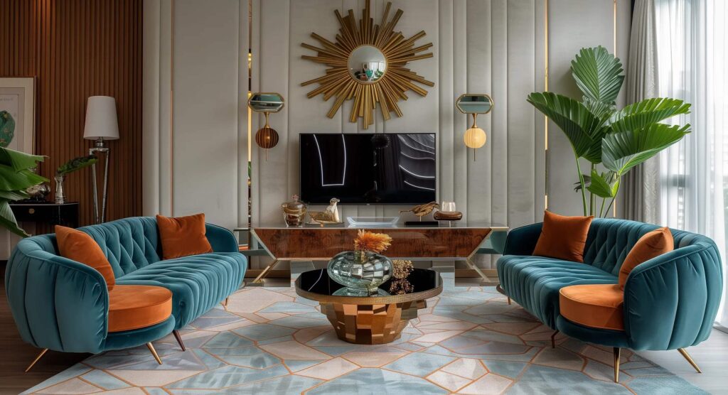 the blue leather, gold accents and sunburst style are the focal accents of the living room, in the style of light emerald and orange, reflections and mirrorings