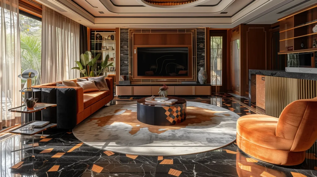 the living room has a marble floor and hardwood furniture, in the style of dark orange and dark gold, expressionist color palette, realistic and naturalistic textures, circular shapes